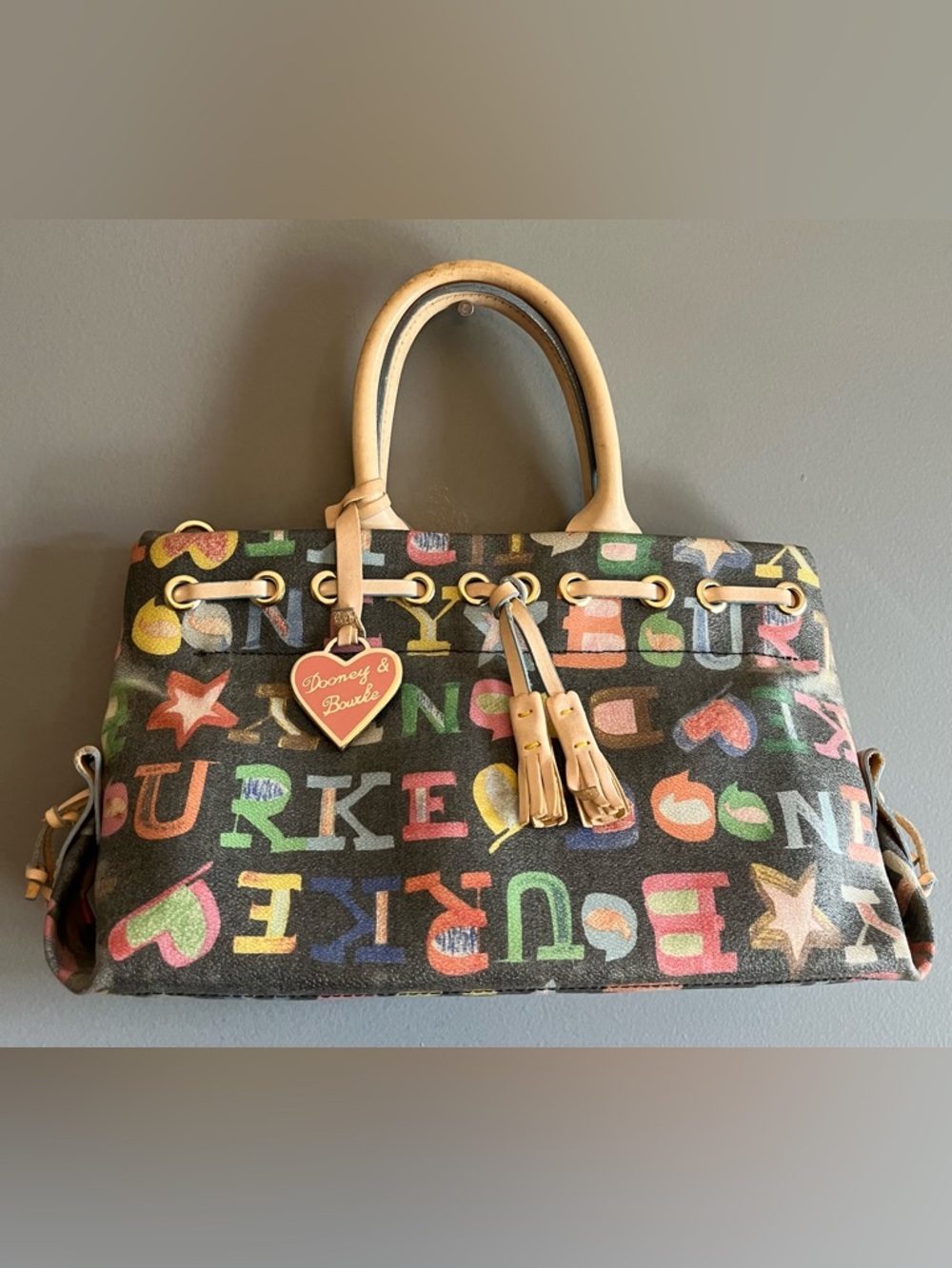 EUC  Dooney & Bourke Vintage Y2K Doodle Graffiti Monogram Tassel Tote